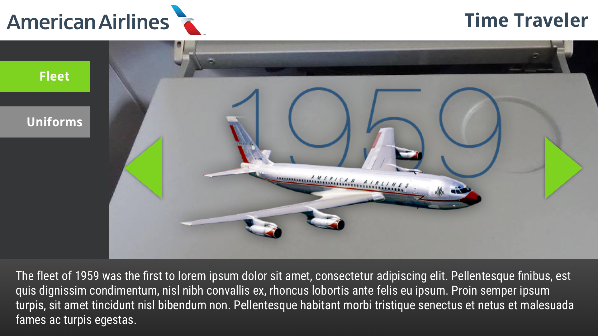 An image of an American Airlines airplane from 1959 overlaid on the tray table with historical info shown below the plane.